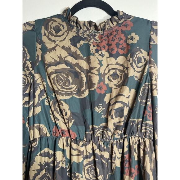 Floral Dress Mock Neck Lantern Sleeve Ruffle Hem Floral Dress Size Large - Picture 5 of 7